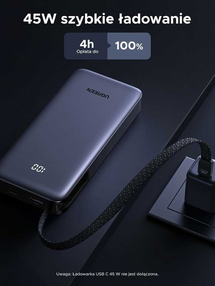 UGREEN 20000 mAh 45W USB-C powerbankas su integruotu kabeliu, 3 prievadai