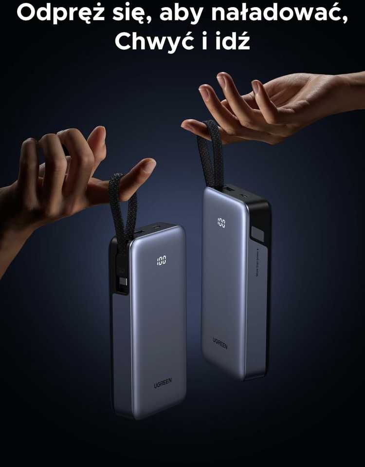 UGREEN 20000 mAh 45W USB-C powerbankas su integruotu kabeliu, 3 prievadai