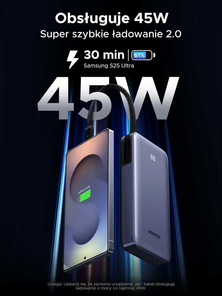 UGREEN 20000 mAh 45W USB-C powerbankas su integruotu kabeliu, 3 prievadai