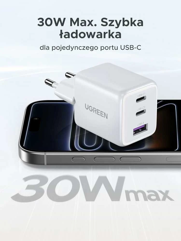 UGREEN 30 W GaN II 3 prievadų USB-C ir USB-A sieninis įkroviklis, baltas, 85328