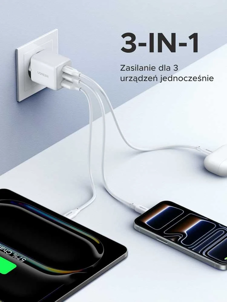 UGREEN 30 W GaN II 3 prievadų USB-C ir USB-A sieninis įkroviklis, baltas, 85328
