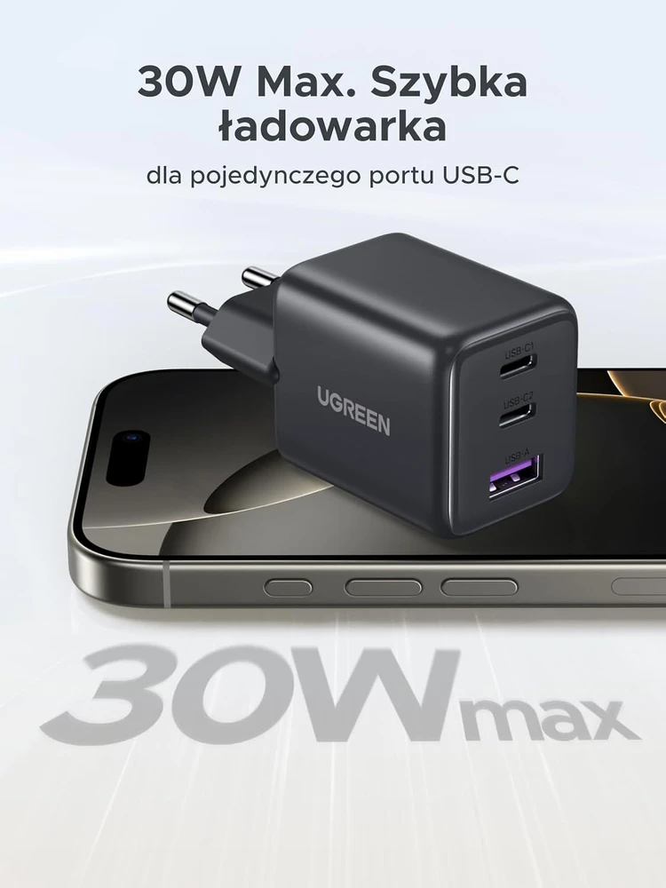 UGREEN 30W GaN II 3 lizdų USB-C / USB-A sieninis įkroviklis, juodas