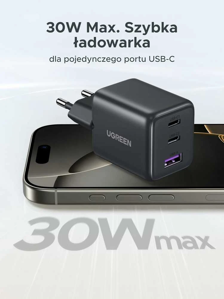 UGREEN 30W GaN II 3 lizdų USB-C / USB-A sieninis įkroviklis, juodas