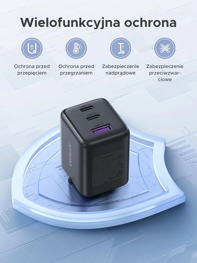 UGREEN 30W GaN II 3 lizdų USB-C / USB-A sieninis įkroviklis, juodas