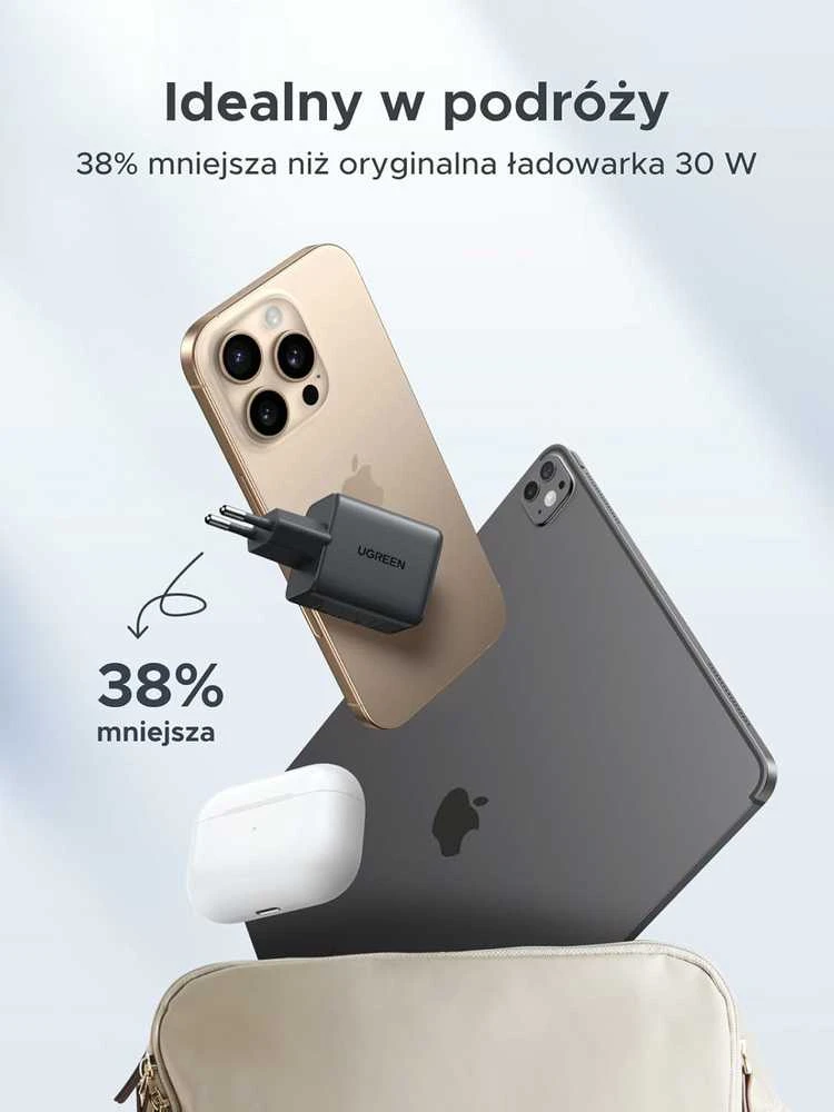 UGREEN 30W GaN II 3 lizdų USB-C / USB-A sieninis įkroviklis, juodas