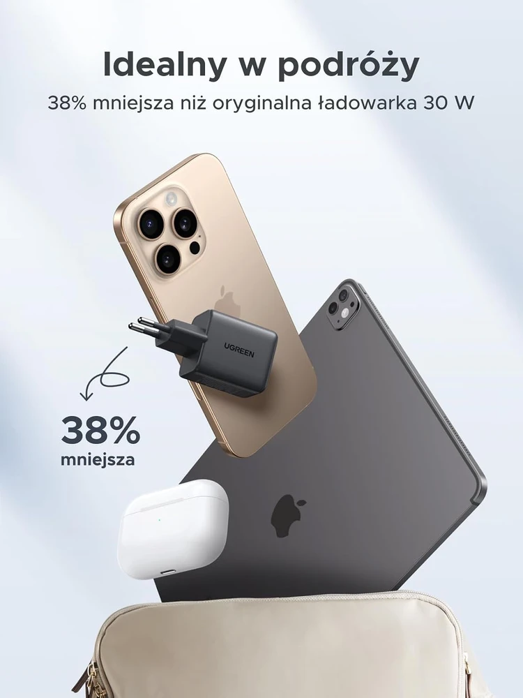 UGREEN 30W GaN II 3 lizdų USB-C / USB-A sieninis įkroviklis, juodas