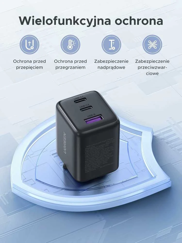 UGREEN 30W GaN II 3 lizdų USB-C / USB-A sieninis įkroviklis, juodas
