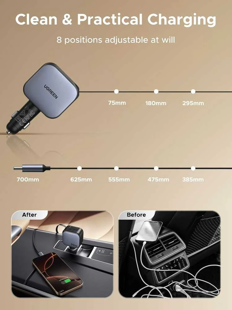 UGREEN 3‑in‑1 90 W automobilinis įkroviklis su 60 W ištraukiamu USB‑C laidu, 3x USB jungtys