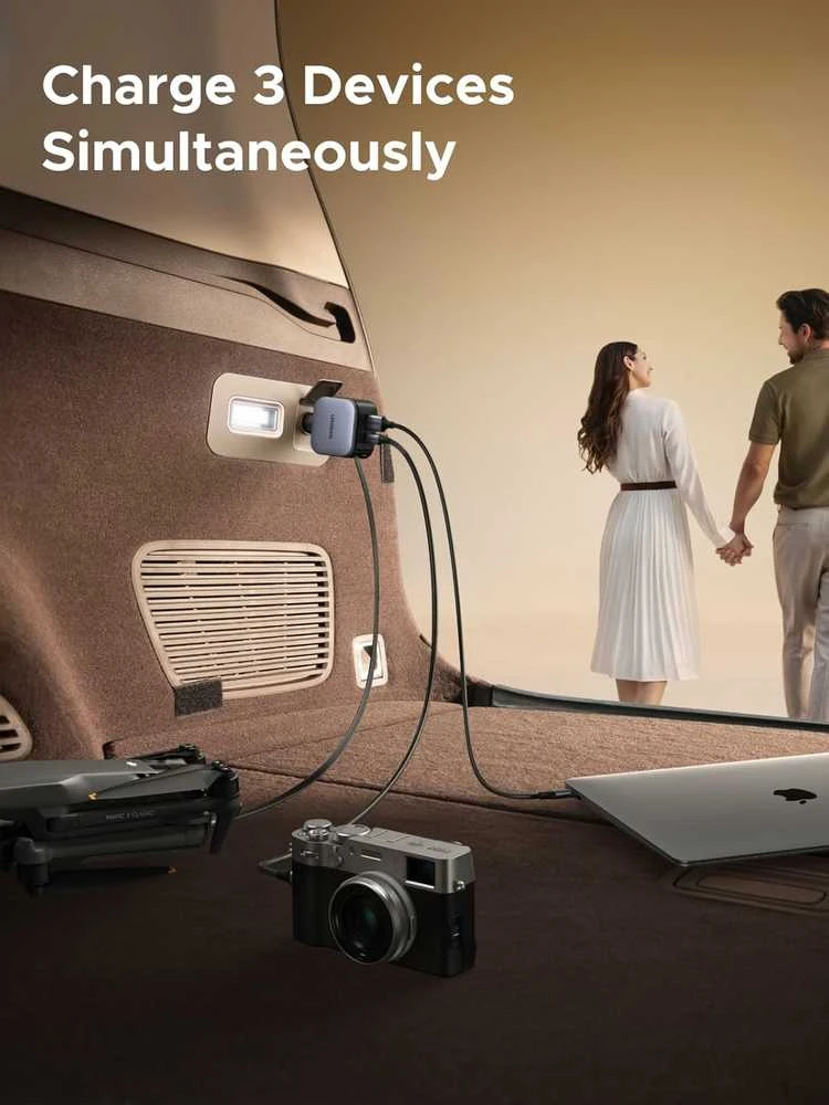 UGREEN 3‑in‑1 90 W automobilinis įkroviklis su 60 W ištraukiamu USB‑C laidu, 3x USB jungtys