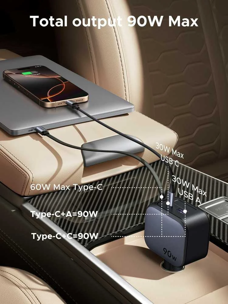 UGREEN 3‑in‑1 90 W automobilinis įkroviklis su 60 W ištraukiamu USB‑C laidu, 3x USB jungtys