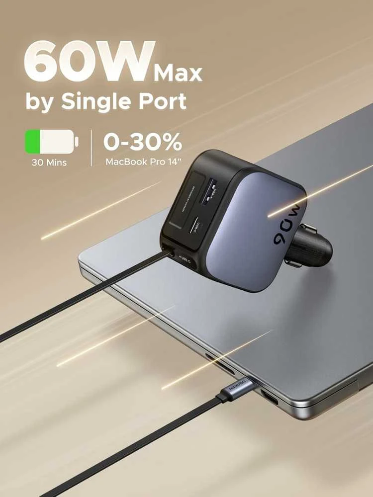 UGREEN 3‑in‑1 90 W automobilinis įkroviklis su 60 W ištraukiamu USB‑C laidu, 3x USB jungtys