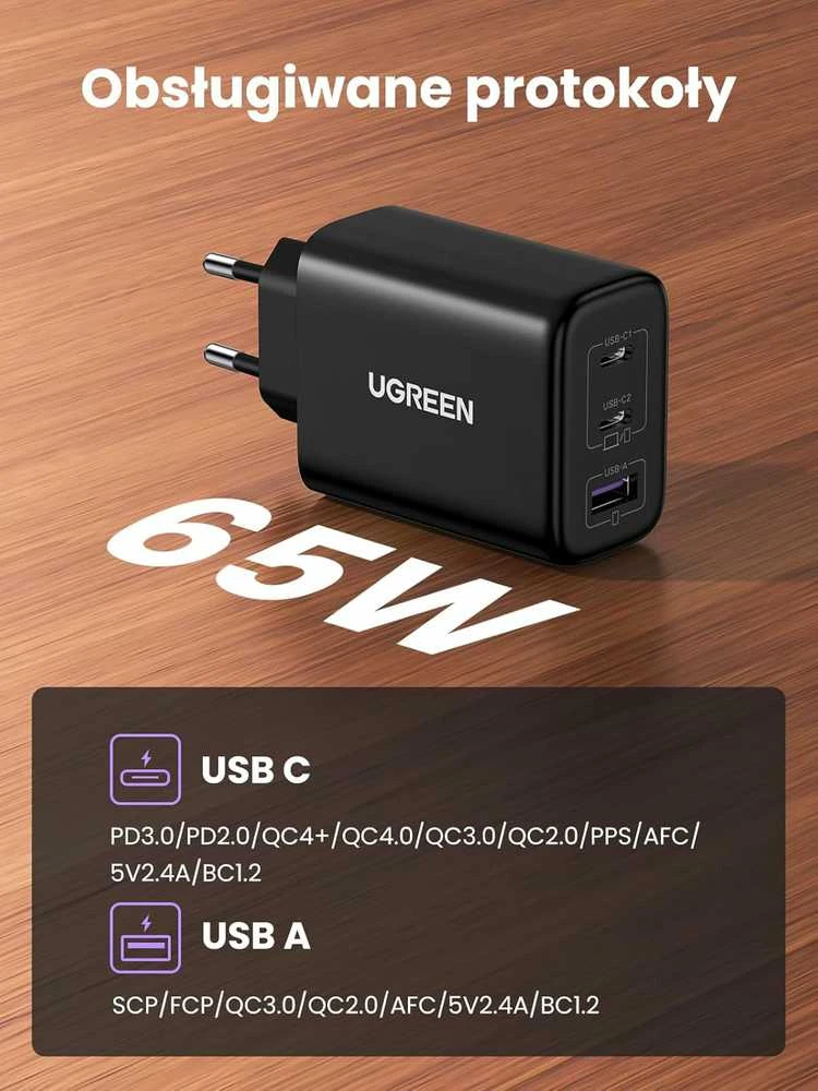 Sieninis įkroviklis UGREEN CD275, 2x USB-C, 1x USB, 65W (balta)