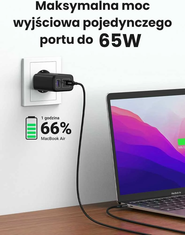 Sieninis įkroviklis UGREEN CD275, 2x USB-C, 1x USB, 65W (balta)