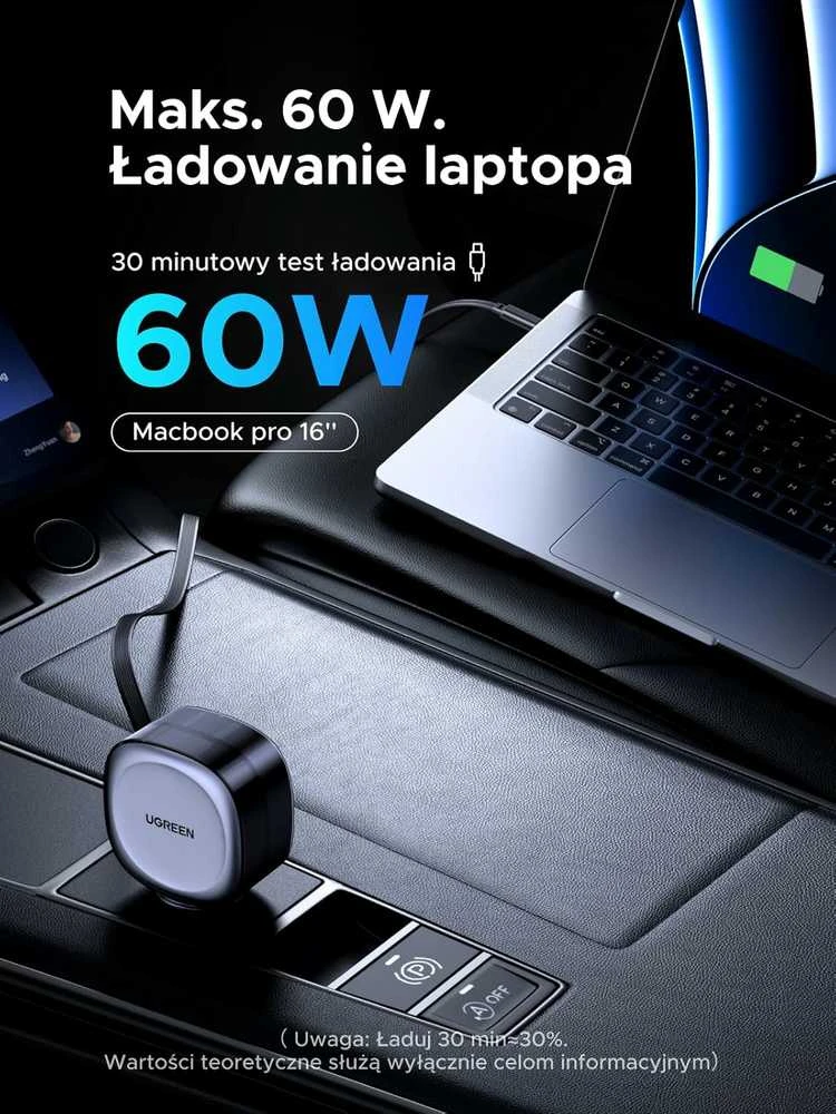 UGREEN 75 W ištraukiama automobilinė USB‑C / USB A įkroviklis su 75 cm C kabeliu, 3 lizdai, EC601