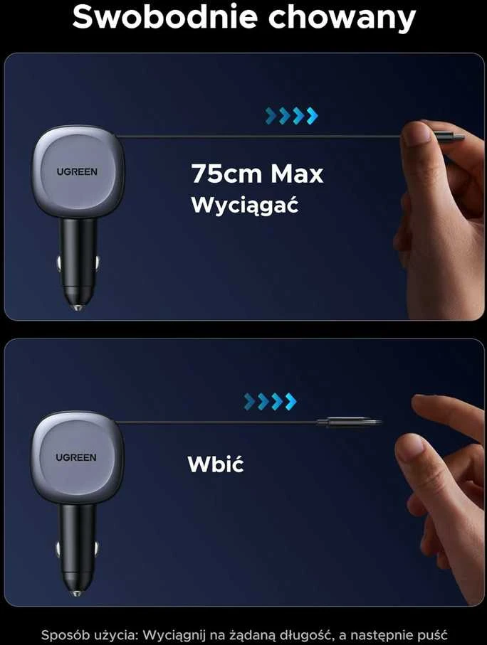 UGREEN 75 W ištraukiama automobilinė USB‑C / USB A įkroviklis su 75 cm C kabeliu, 3 lizdai, EC601