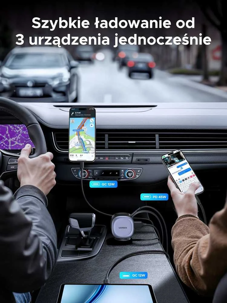 UGREEN 75 W ištraukiama automobilinė USB‑C / USB A įkroviklis su 75 cm C kabeliu, 3 lizdai, EC601