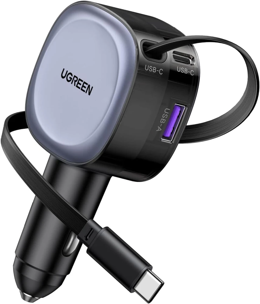 UGREEN 75 W ištraukiama automobilinė USB‑C / USB A įkroviklis su 75 cm C kabeliu, 3 lizdai, EC601