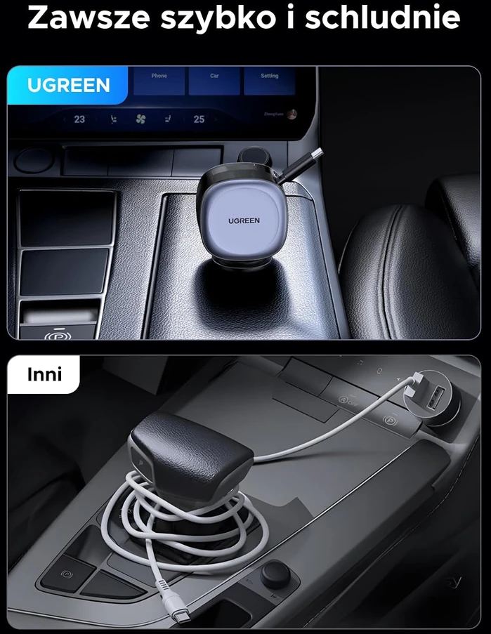 UGREEN 75 W ištraukiama automobilinė USB‑C / USB A įkroviklis su 75 cm C kabeliu, 3 lizdai, EC601