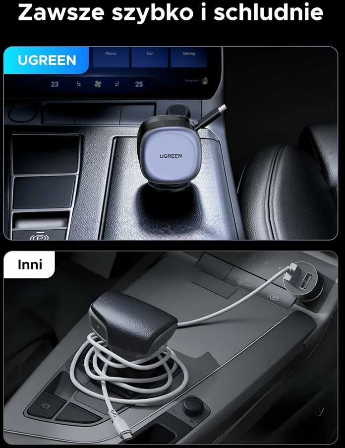 UGREEN 75 W ištraukiama automobilinė USB‑C / USB A įkroviklis su 75 cm C kabeliu, 3 lizdai, EC601