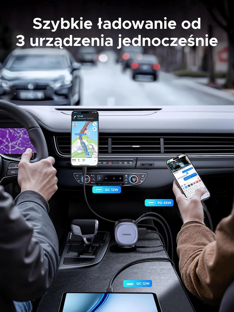 UGREEN 75 W ištraukiama automobilinė USB‑C / USB A įkroviklis su 75 cm C kabeliu, 3 lizdai, EC601