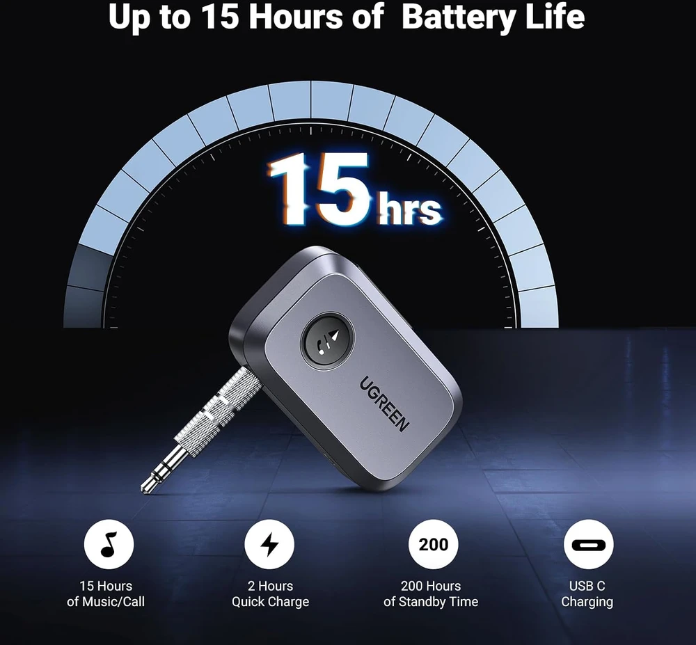 UGREEN automobilinis Bluetooth 6.0 garso imtuvas su AUX 3,5 mm ir mikrofonu