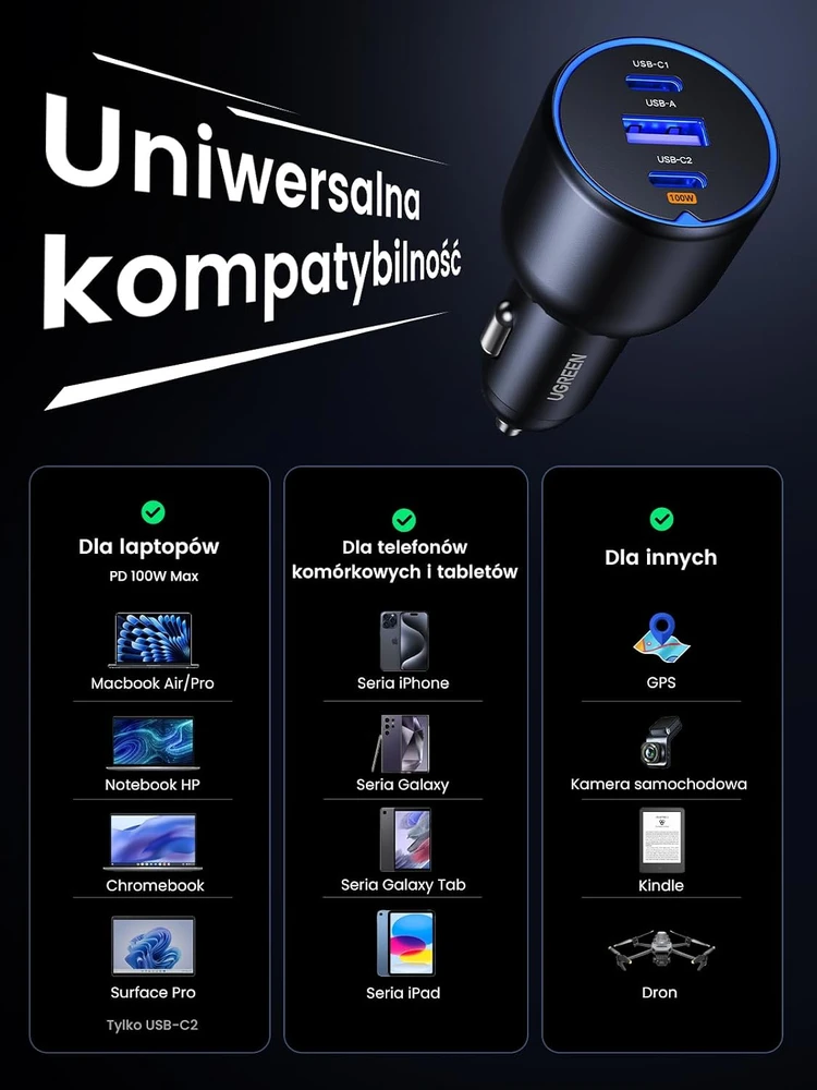 Atomobilnis įkroviklis UGREEN CD293, 2XUSB-C PD+ USB-A 130W juodos spalvos
