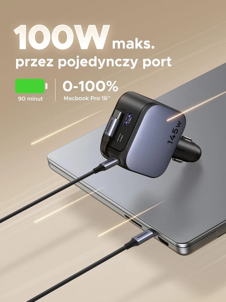 UGREEN automobilinis įkroviklis 145 W su USB-C kabeliu ir 4 prievadais EC604