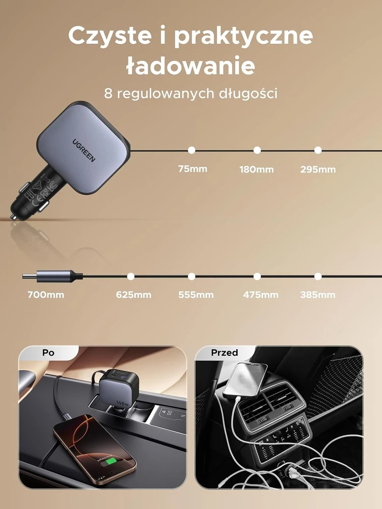 UGREEN automobilinis įkroviklis 145 W su USB-C kabeliu ir 4 prievadais EC604