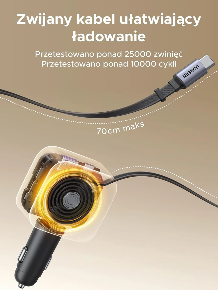 UGREEN automobilinis įkroviklis 145 W su USB-C kabeliu ir 4 prievadais EC604