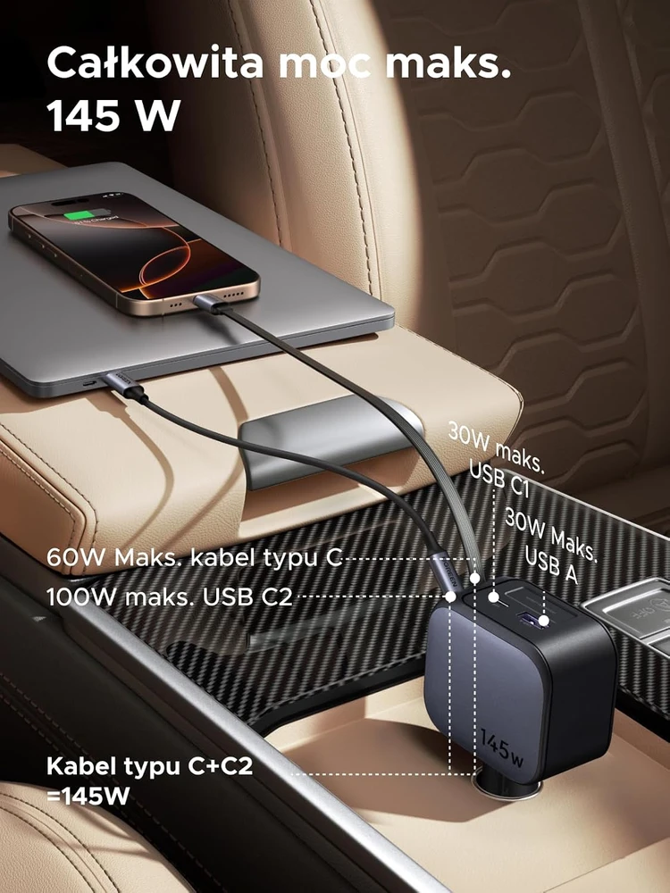 UGREEN automobilinis įkroviklis 145 W su USB-C kabeliu ir 4 prievadais EC604