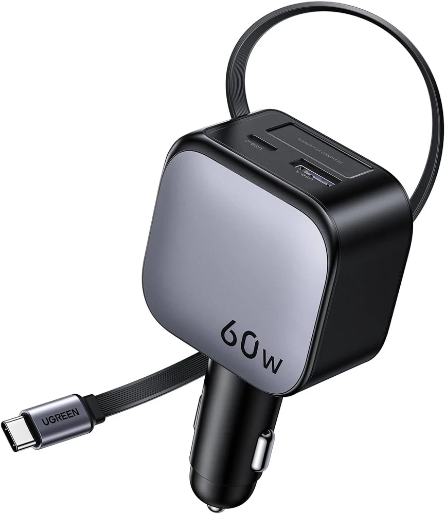 UGREEN automobilinis įkroviklis 60 W su įtraukiamu USB-C laidu, USB-C ir USB-A, EC602
