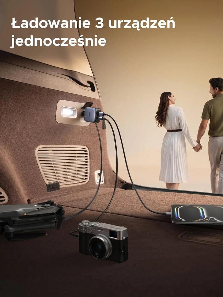 UGREEN automobilinis įkroviklis 60 W su įtraukiamu USB-C laidu, USB-C ir USB-A, EC602