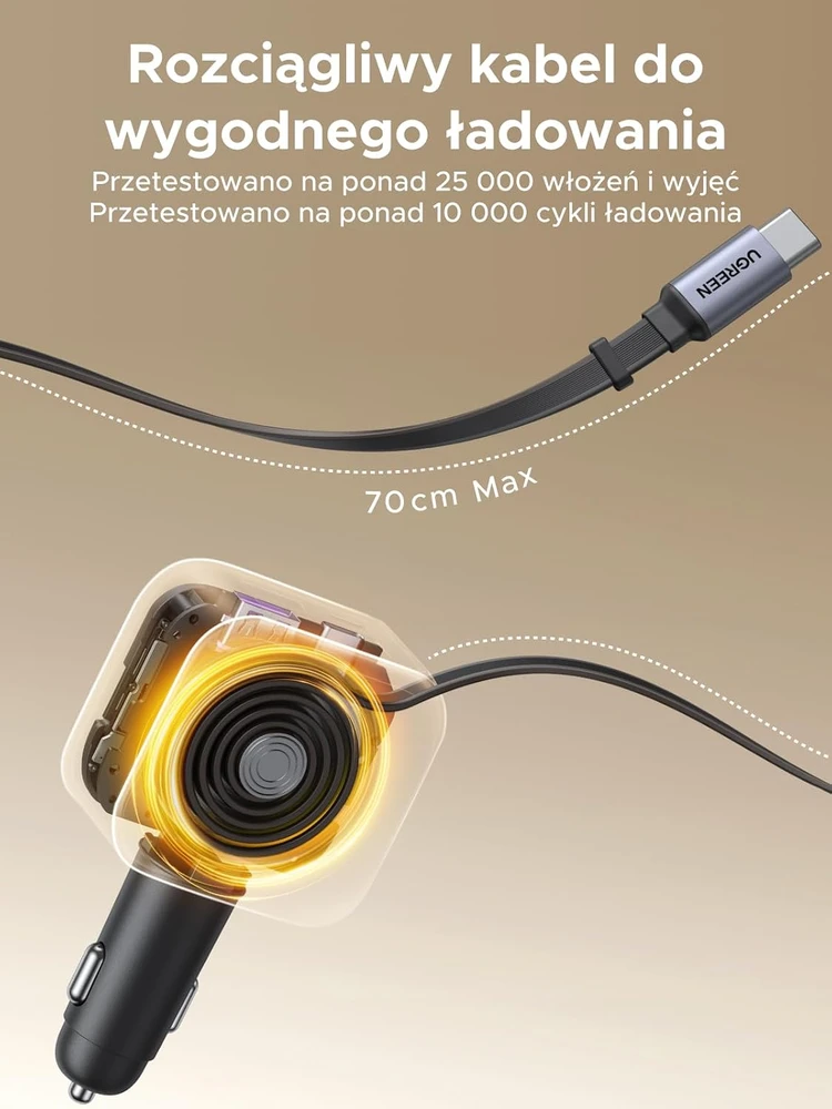 UGREEN automobilinis įkroviklis 60 W su įtraukiamu USB-C laidu, USB-C ir USB-A, EC602