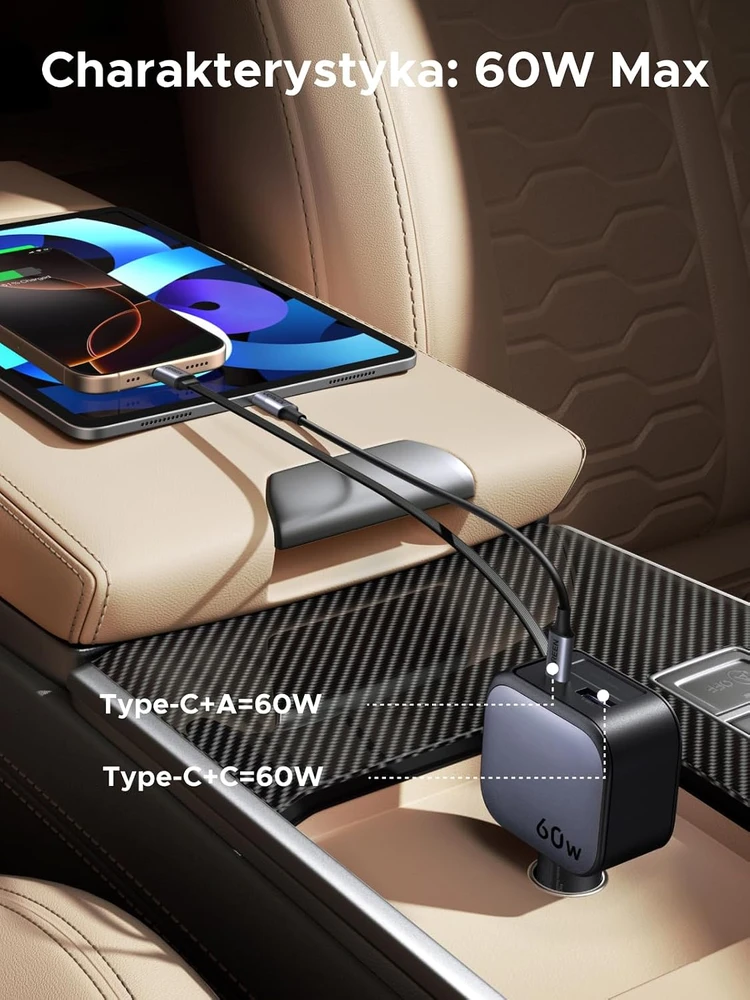 UGREEN automobilinis įkroviklis 60 W su įtraukiamu USB-C laidu, USB-C ir USB-A, EC602
