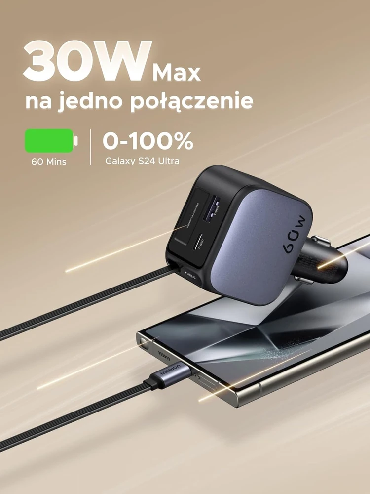 UGREEN automobilinis įkroviklis 60 W su įtraukiamu USB-C laidu, USB-C ir USB-A, EC602