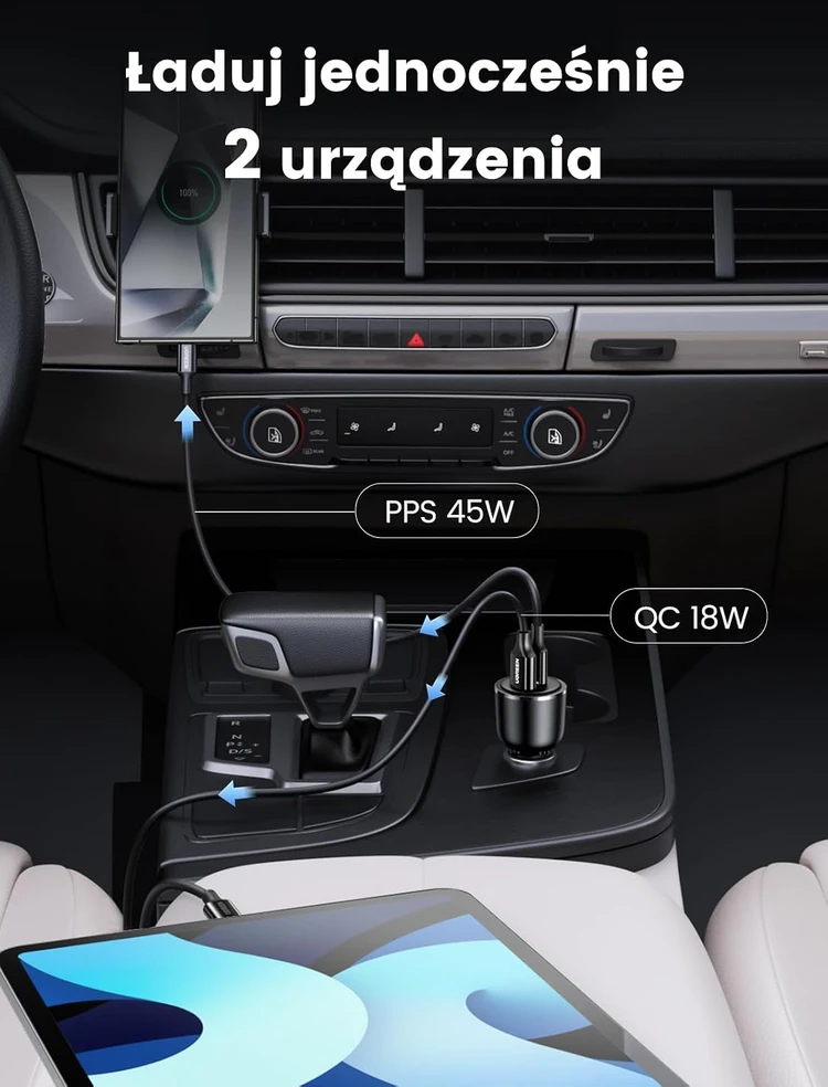 Automobilinis įkroviklis Ugreen CD239 USB-C/USB-A, 63W, juodos spalvos