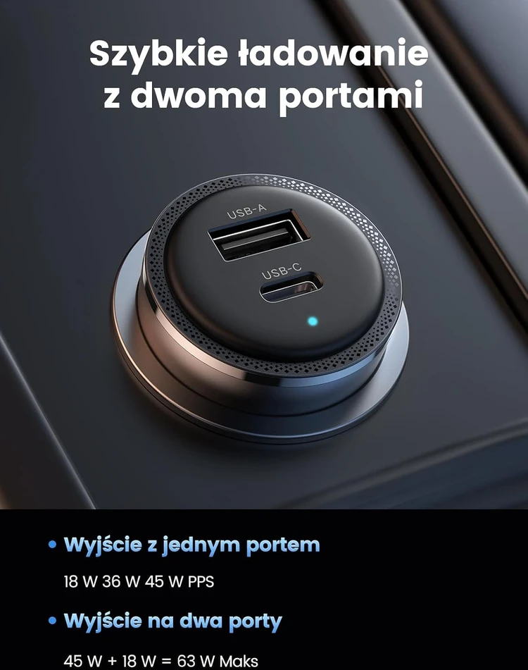 Automobilinis įkroviklis Ugreen CD239 USB-C/USB-A, 63W, juodos spalvos