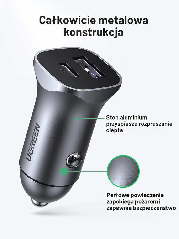 UGREEN automobilinis įkroviklis USB-C 30 W su PD, QC 3.0 ir 0,9 m USB-C laidu CD130