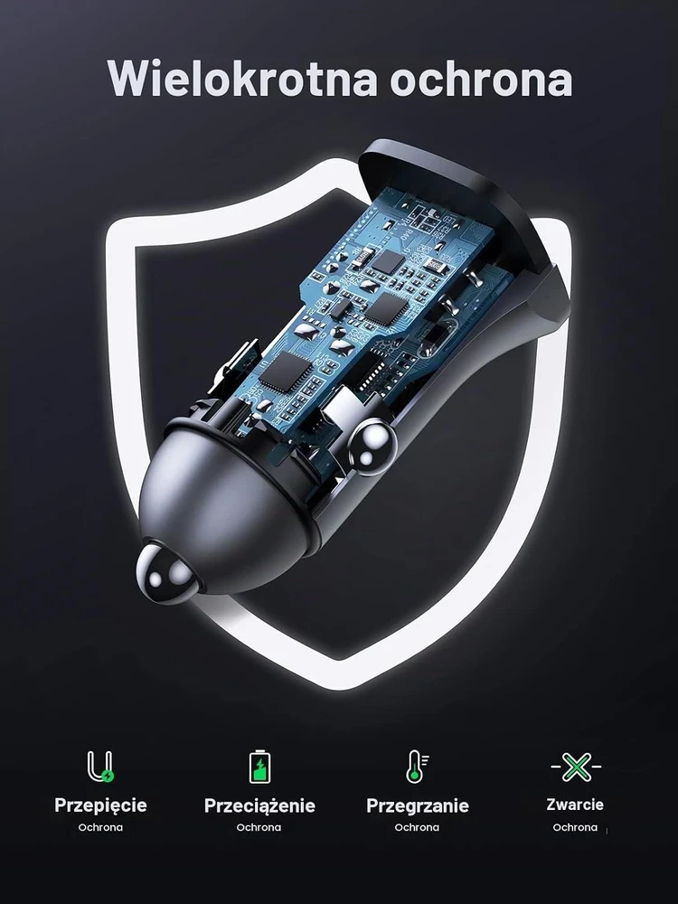 UGREEN automobilinis įkroviklis USB-C 30 W su PD, QC 3.0 ir 0,9 m USB-C laidu CD130