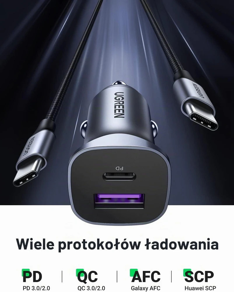 UGREEN automobilinis įkroviklis USB-C 30 W su PD, QC 3.0 ir 0,9 m USB-C laidu CD130