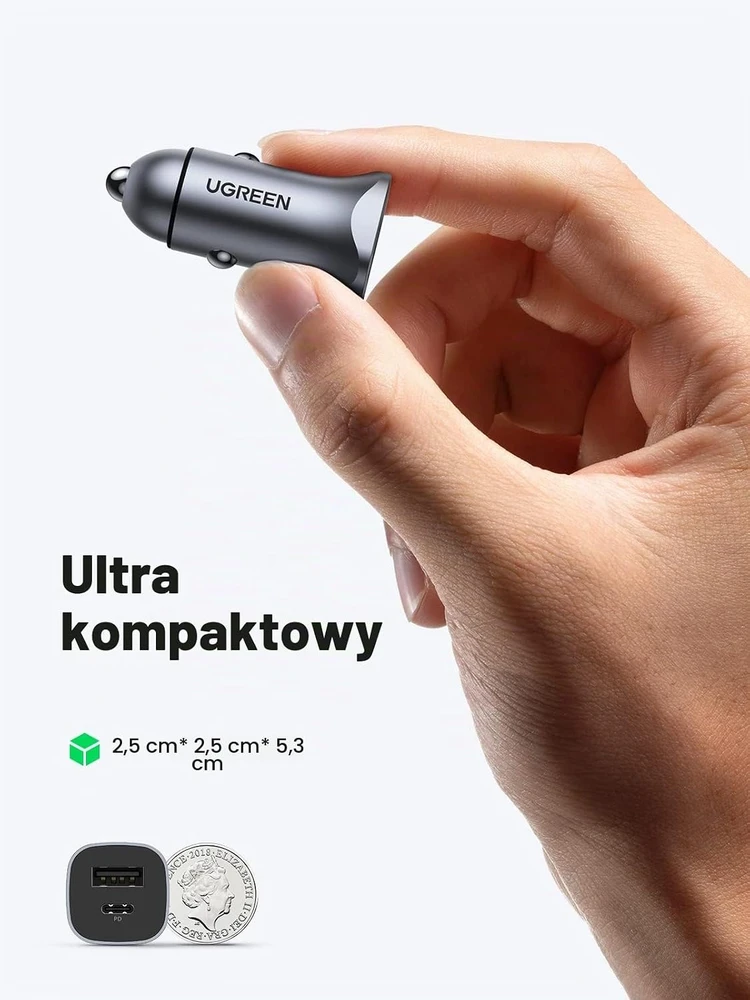 UGREEN automobilinis įkroviklis USB-C 30 W su PD, QC 3.0 ir 0,9 m USB-C laidu CD130