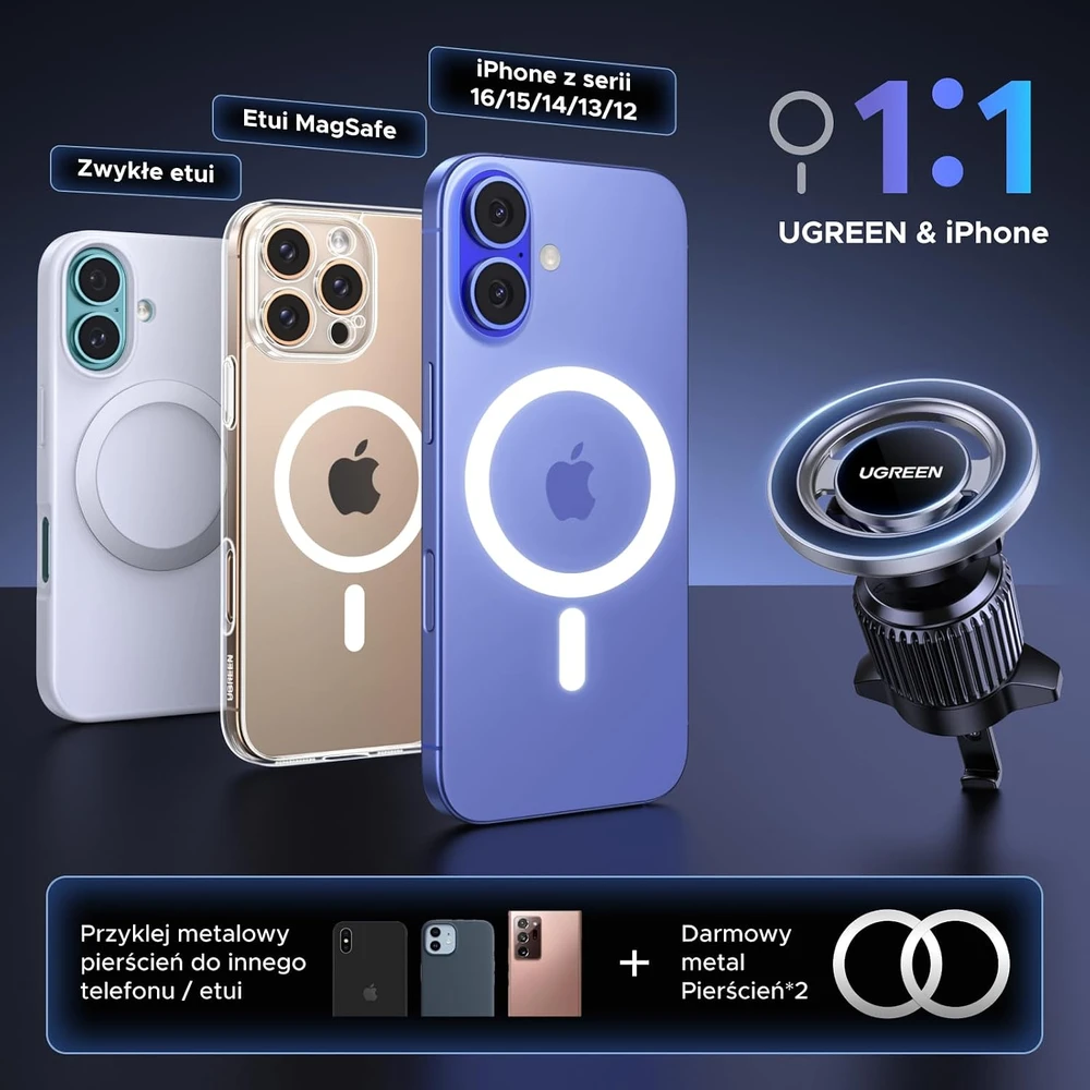 UGREEN automobilinis magnetinis telefono laikiklis MagSafe su 20 N52 magnetų, 360° 65764