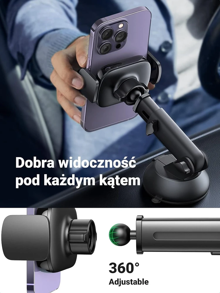 UGREEN automobilinis telefono laikiklis su siurbtuku, teleskopine 19 cm rankena, juodas