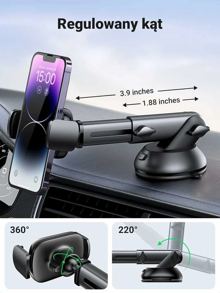 UGREEN automobilinis telefono laikiklis su siurbtuku, teleskopine 19 cm rankena, juodas