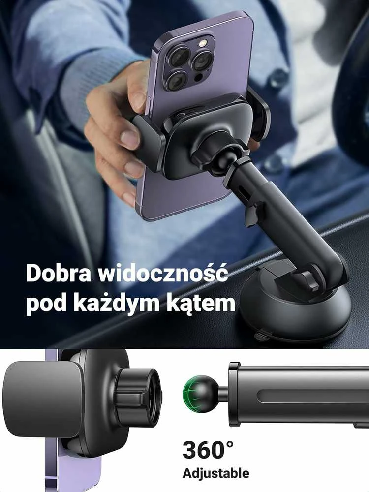 UGREEN automobilinis telefono laikiklis su siurbtuku, teleskopine 19 cm rankena, juodas