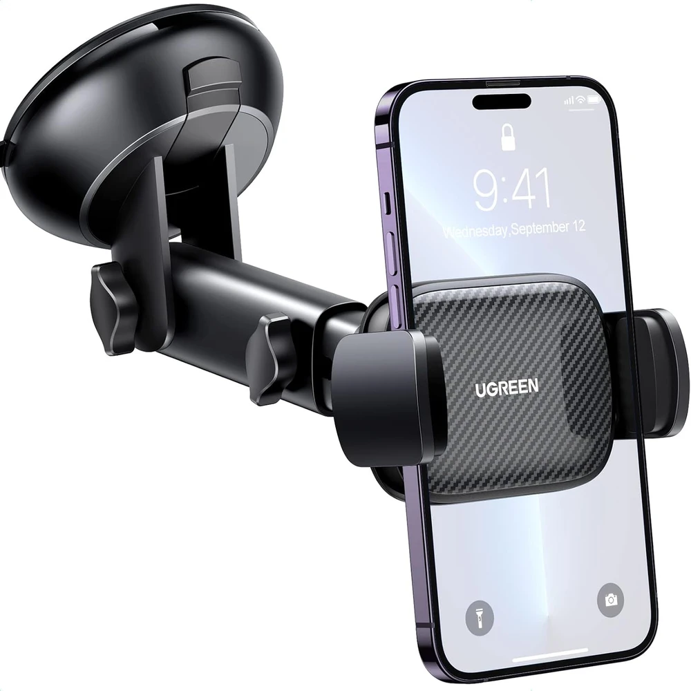 UGREEN automobilinis telefono laikiklis su siurbtuku, teleskopine 19 cm rankena, juodas