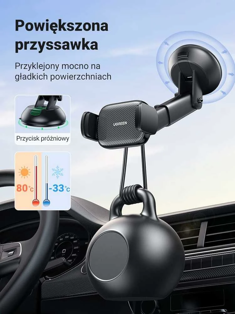 UGREEN automobilinis telefono laikiklis su siurbtuku, teleskopine 19 cm rankena, juodas