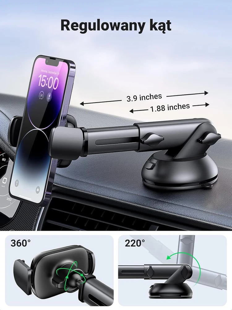 UGREEN automobilinis telefono laikiklis su siurbtuku, teleskopine 19 cm rankena, juodas