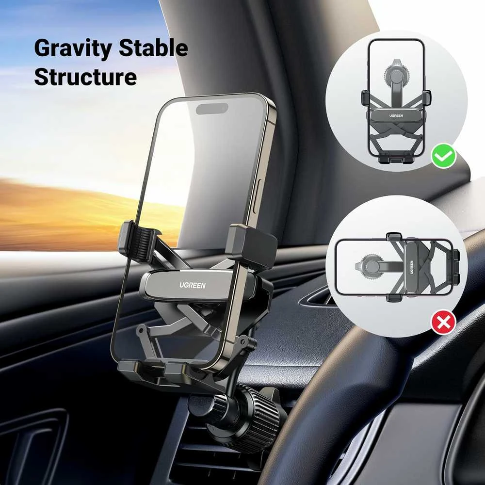UGREEN automobilinis telefonų laikiklis su gravitacine sistema, 360° reguliavimu, ventiliacijos grotelių tvirtinimu