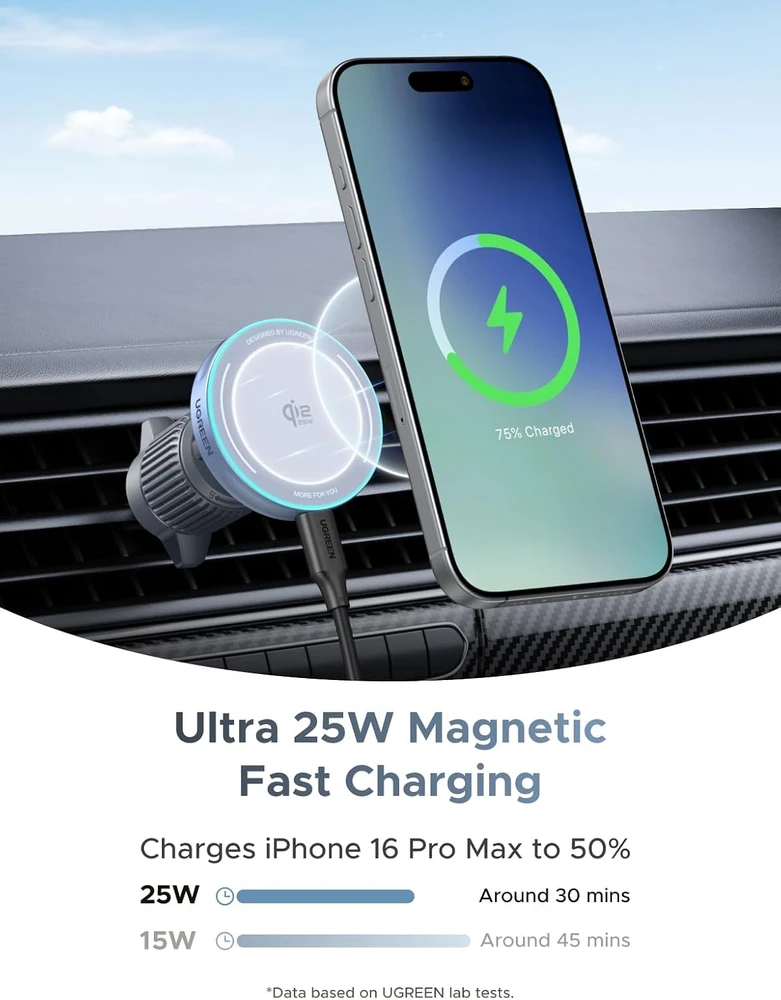 Ugreen Automobilinis magnetinis laikiklis MagFlow su belaidžiu Qi2 įkrovimu 25W, pilkas